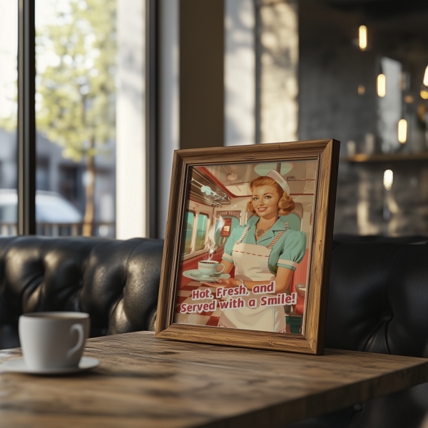 A framed Retro Coffee Poster depicting a smiling waitress with a steaming coffee cup rests on a wooden table. The text reads, "Hot, Fresh, and Served with a Smile!"