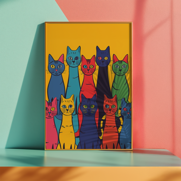 A colorful Dopamine Poster featuring nine stylized cats in bold hues like blue, red, and green sits on a pastel shelf against a vibrant yellow background. The design evokes a playful, artistic vibe.
