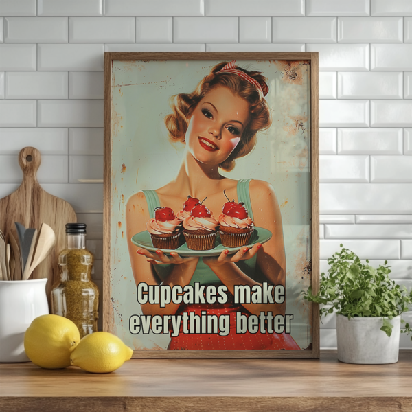 A 1950s Poster depicting a smiling woman holding a plate of cupcakes topped with cherries. The text reads, "Cupcakes make everything better," creating a nostalgic atmosphere in a cozy kitchen.