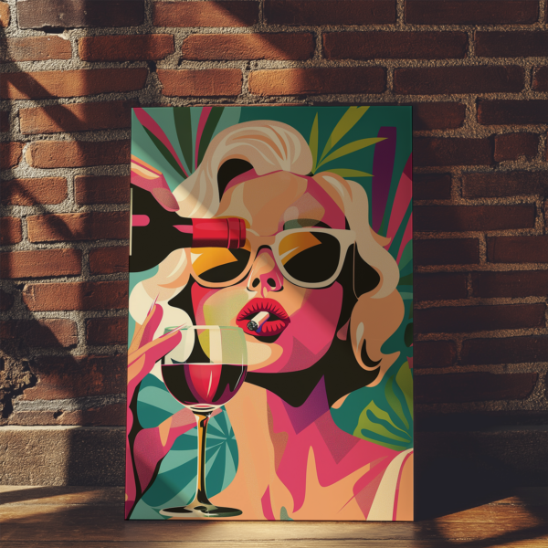 A colorful retro pop art painting of a woman in sunglasses, sipping wine with a vibrant foliage background. The image feels bold and modern against a brick wall.