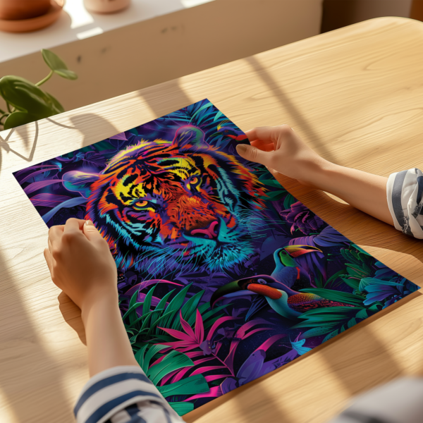 Hands holding a Dopamine Decor artwork depicting a neon tiger’s face surrounded by colorful jungle foliage and two toucans. The vivid colors and dynamic design create a mystical, energetic feel.