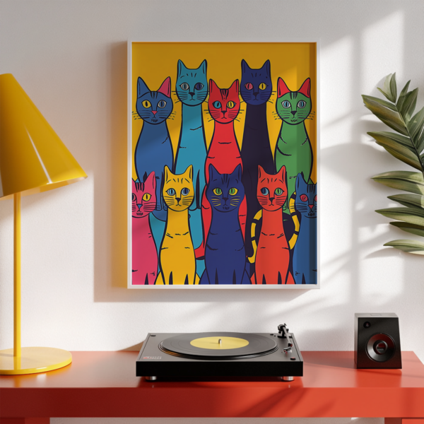 A framed Dopamine Poster featuring nine stylized cats in bold hues, including blue, red, and green,n is displayed on a pastel shelf against a vibrant yellow background, evoking a playful artistic vibe.