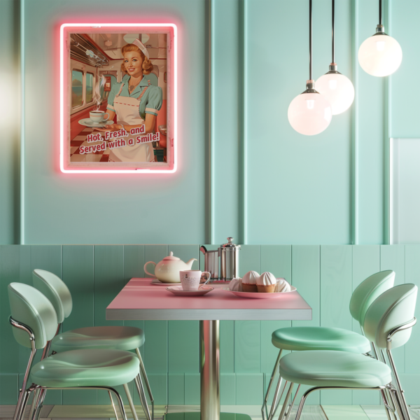 A retro diner with teal paneling and a pink neon sign of a smiling waitress above a booth. The table holds tea, cupcakes, and pastel-themed vintage decor, creating a nostalgic atmosphere.