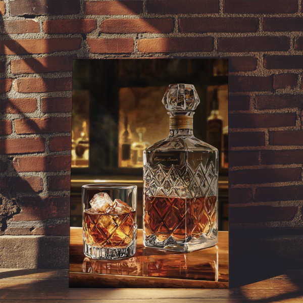 A crystal decanter and glass filled with amber bourbon sit on a wooden surface, framed in Bourbon Wall Art. A rustic brick wall in the background adds warmth and sophistication to the setting.
