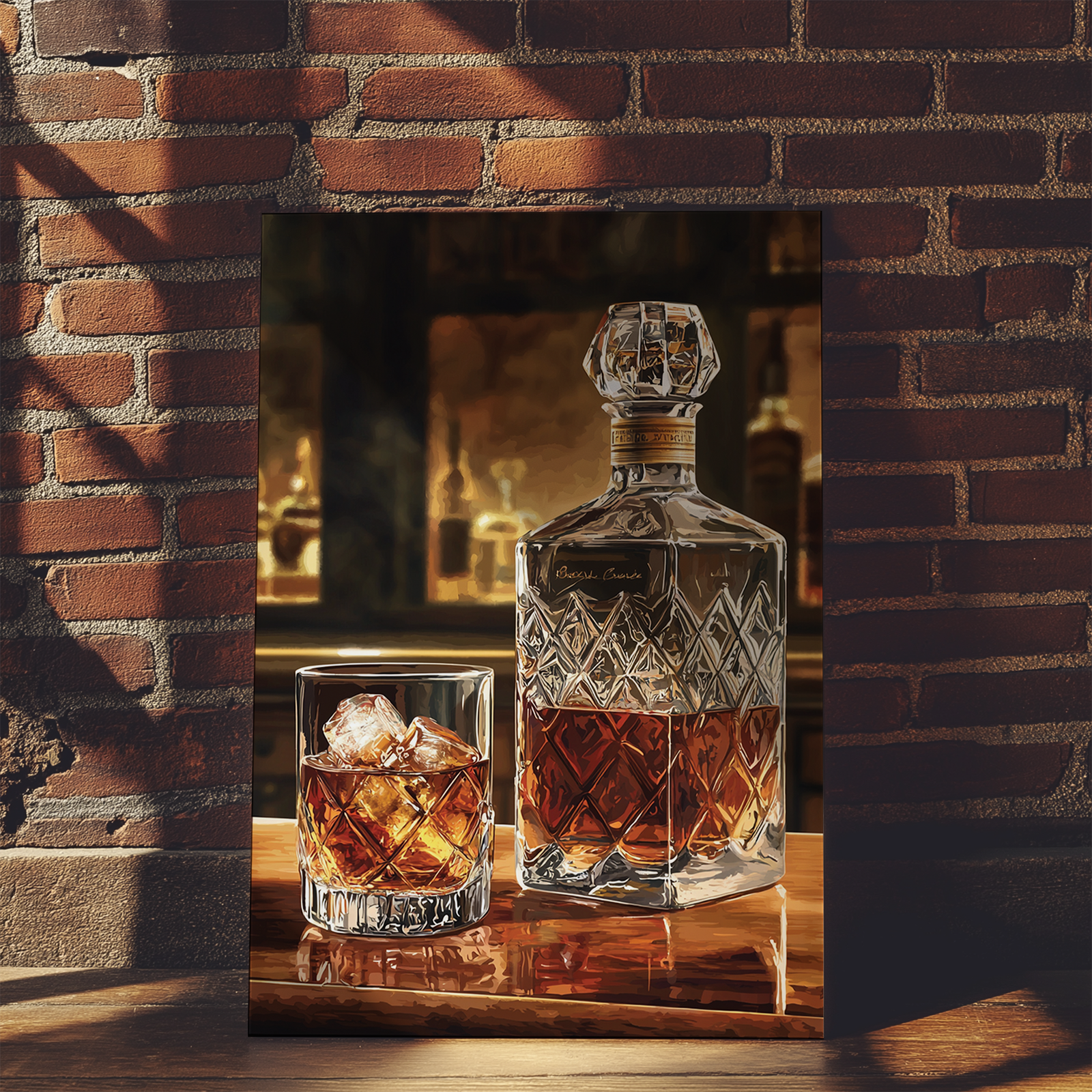A crystal decanter and glass filled with amber bourbon sit on a wooden surface, framed in Bourbon Wall Art. A rustic brick wall in the background adds warmth and sophistication to the setting.