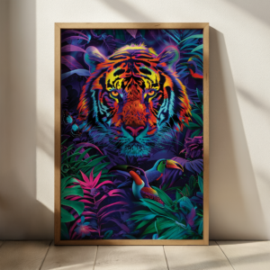 A Dopamine Decor artwork showcasing a tiger's face surrounded by lush, colorful jungle foliage. Toucans and butterflies add to the vibrant, mystical atmosphere of the composition.