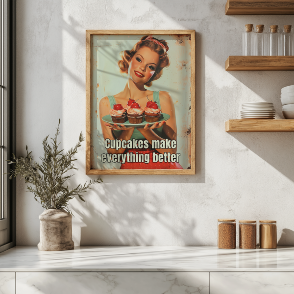 A 1950s Poster in a modern kitchen featuring a woman holding cupcakes with cherries. The text reads, "Cupcakes make everything better," adding a nostalgic and cheerful touch to the space.