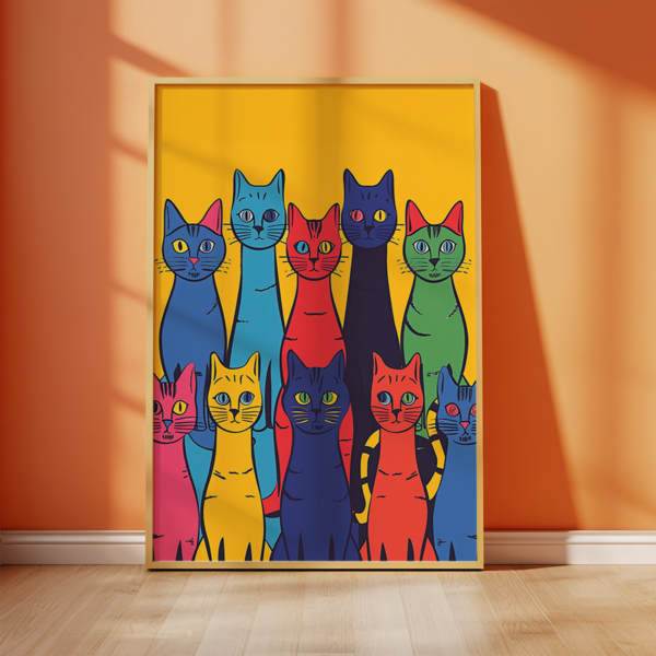 A framed Dopamine Poster features abstract cat art in vibrant hues like blue, red, and green. It is set against a lively orange and yellow background, exuding a bold and playful tone.