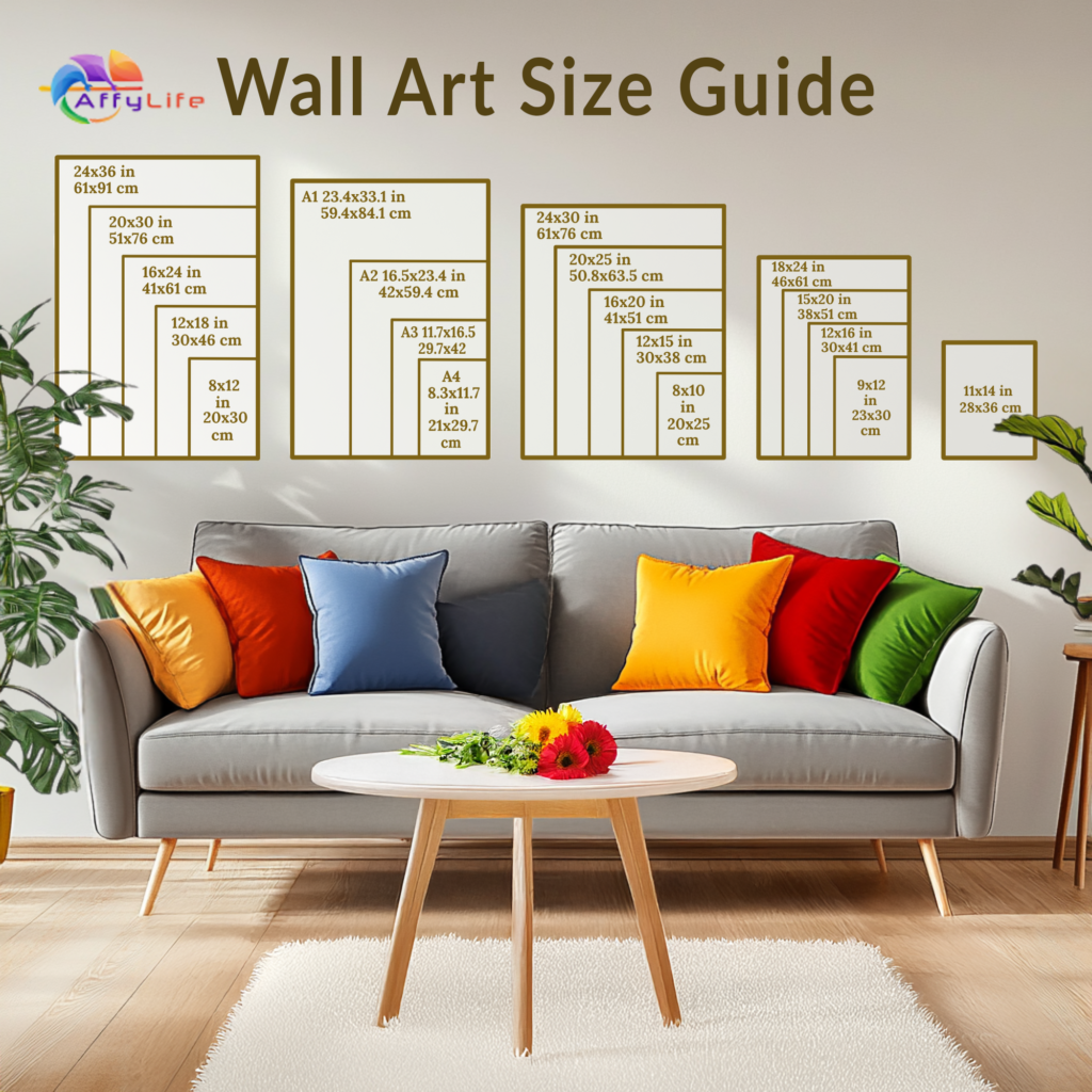 A Sustainable Wall Art Size Guide displayed above a gray sofa with vibrant cushions in orange, blue, yellow, red, and green. A round table with a vase of flowers sits in front, creating a bright and cozy ambiance.