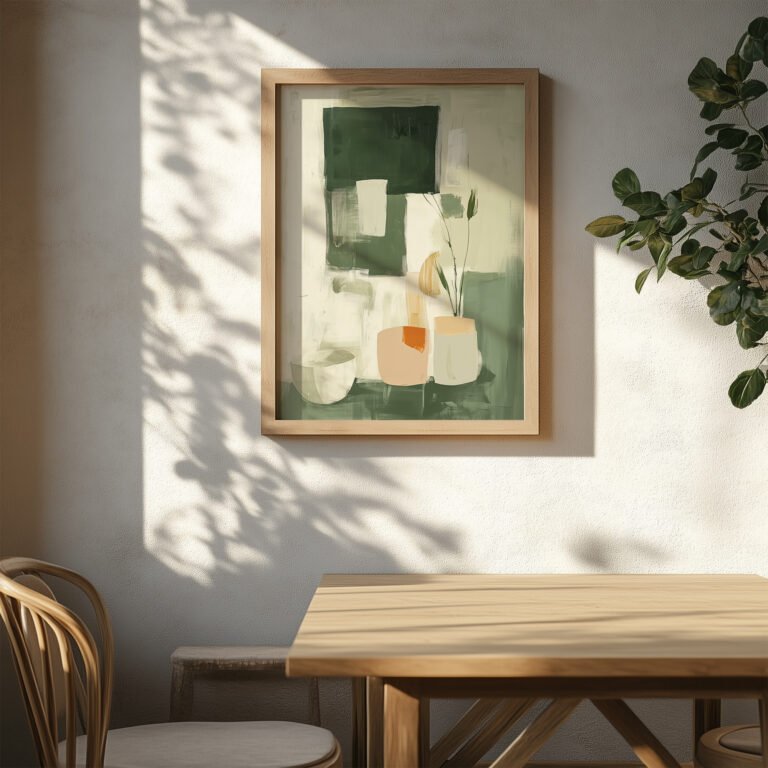 A Free Abstract Minimalist Art Print in a wooden frame hangs on a sunlit white wall beside a potted plant. Shadows play over a wooden table and chair, creating a serene and modern ambiance.