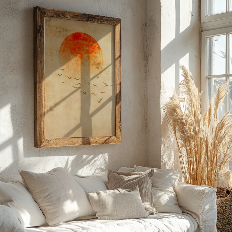 A cozy room bathed in soft sunlight. A framed Free Japandi Print of birds under an orange sky hangs above a white sofa with beige pillows. Dried pampas grass in the corner enhances the natural aesthetic.
