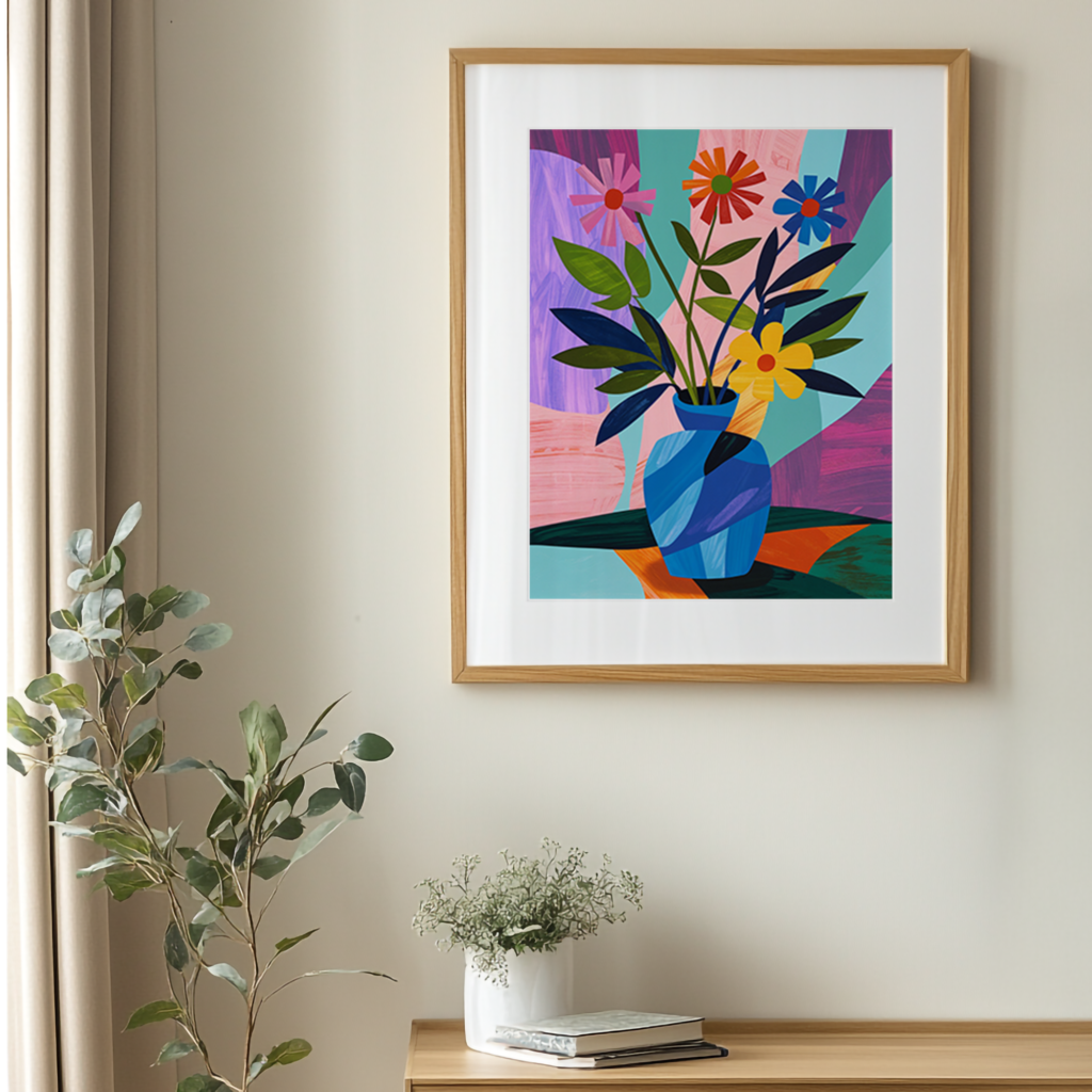 Framed Free Colorful Flower Poster featuring abstract flowers in a blue vase on a white wall. A potted eucalyptus and a small plant nearby enhance the tranquil, artistic vibe.