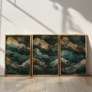 A Wabi Sabi Triptych Wall Art set features abstract green and gold wave patterns on a white wall. Soft natural light casts gentle shadows, enhancing the tranquil, minimalist aesthetic.