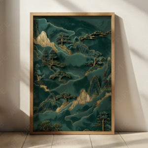 Framed Green Japandi Wall Art depicting a stylized mountainous landscape with cliffs and trees in soothing teal and gold tones. The design radiates elegance and tranquility.