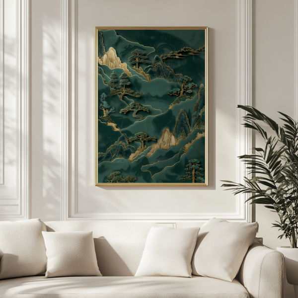 Framed Green Japandi Wall Art of a lush teal and gold mountain landscape displayed above a neutral-toned sofa. Gentle sunlight adds warmth and serenity.