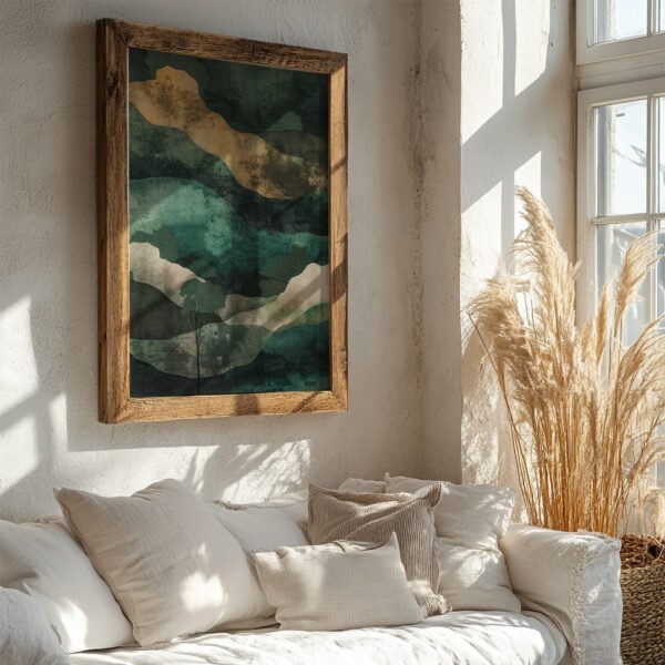 A sunlit living room with a white couch and assorted pillows. A framed Wabi Sabi Triptych Wall Art piece in earthy tones hangs on the wall, complemented by tall pampas grass near a window.