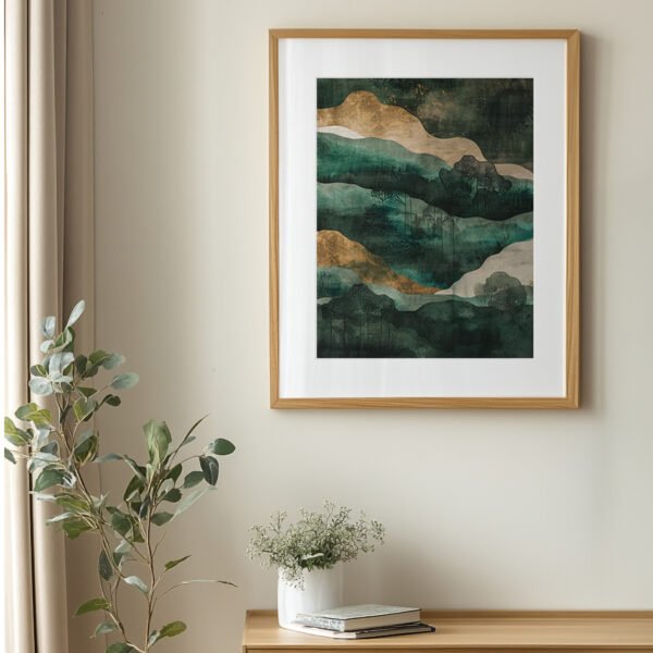 A Framed Wabi Sabi Triptych Wall Art features abstract green and gold landscape tones on a beige wall. Below, a wooden table holds a plant and a closed book, and a soft curtain frames the peaceful space.