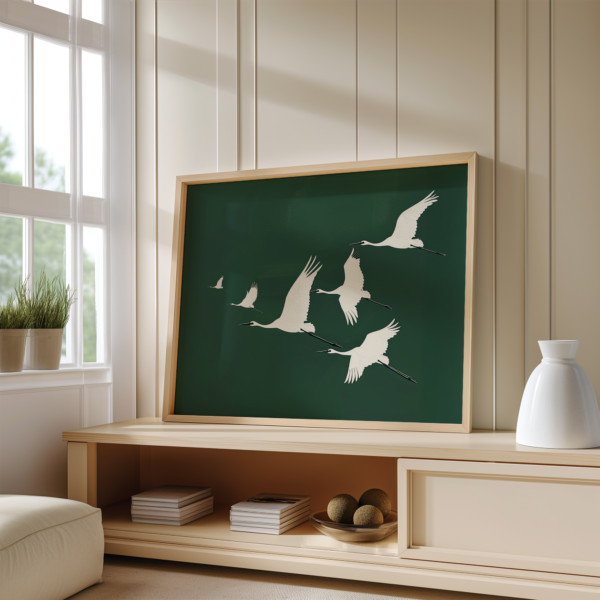 A serene living room featuring a large Japandi Wall Art print of flying cranes. A wooden sideboard displays minimalist decor, while beanbags and soft lighting enhance the cozy ambiance.