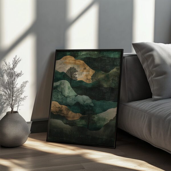 A framed Wabi Sabi Poster featuring layered earthy tones leans against a sofa. Sunlight casts soft shadows, enhancing the tranquil atmosphere. A vase with a dried plant sits nearby, adding a natural touch.