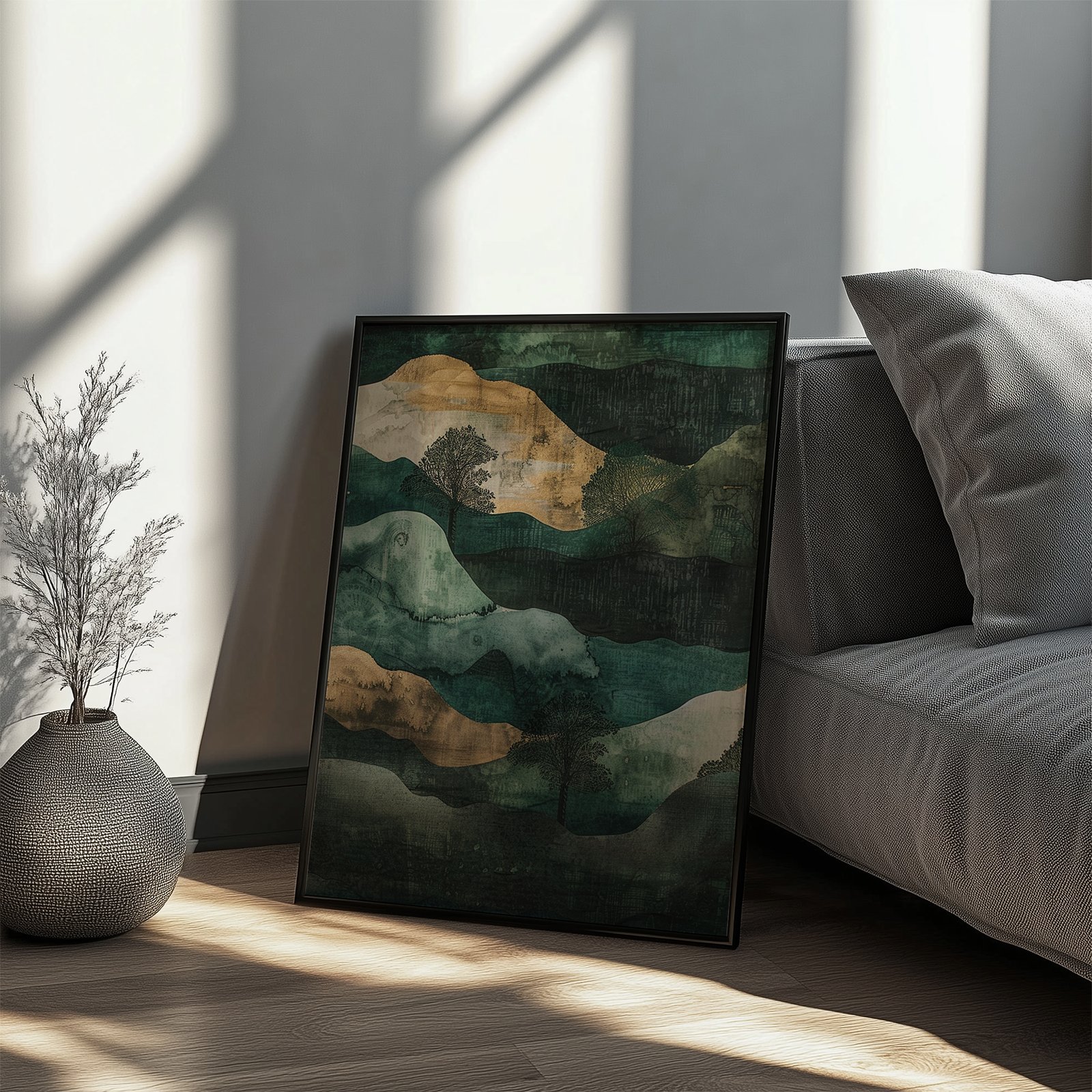 A framed Wabi Sabi Poster featuring layered earthy tones leans against a sofa. Sunlight casts soft shadows, enhancing the tranquil atmosphere. A vase with a dried plant sits nearby, adding a natural touch.