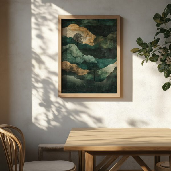 A wood-framed Wabi Sabi Triptych Wall Art piece with abstract green and beige tones hangs on a sunlit wall. Below, shadows of leaves fall across a wooden table and chair, evoking a natural and calming atmosphere.