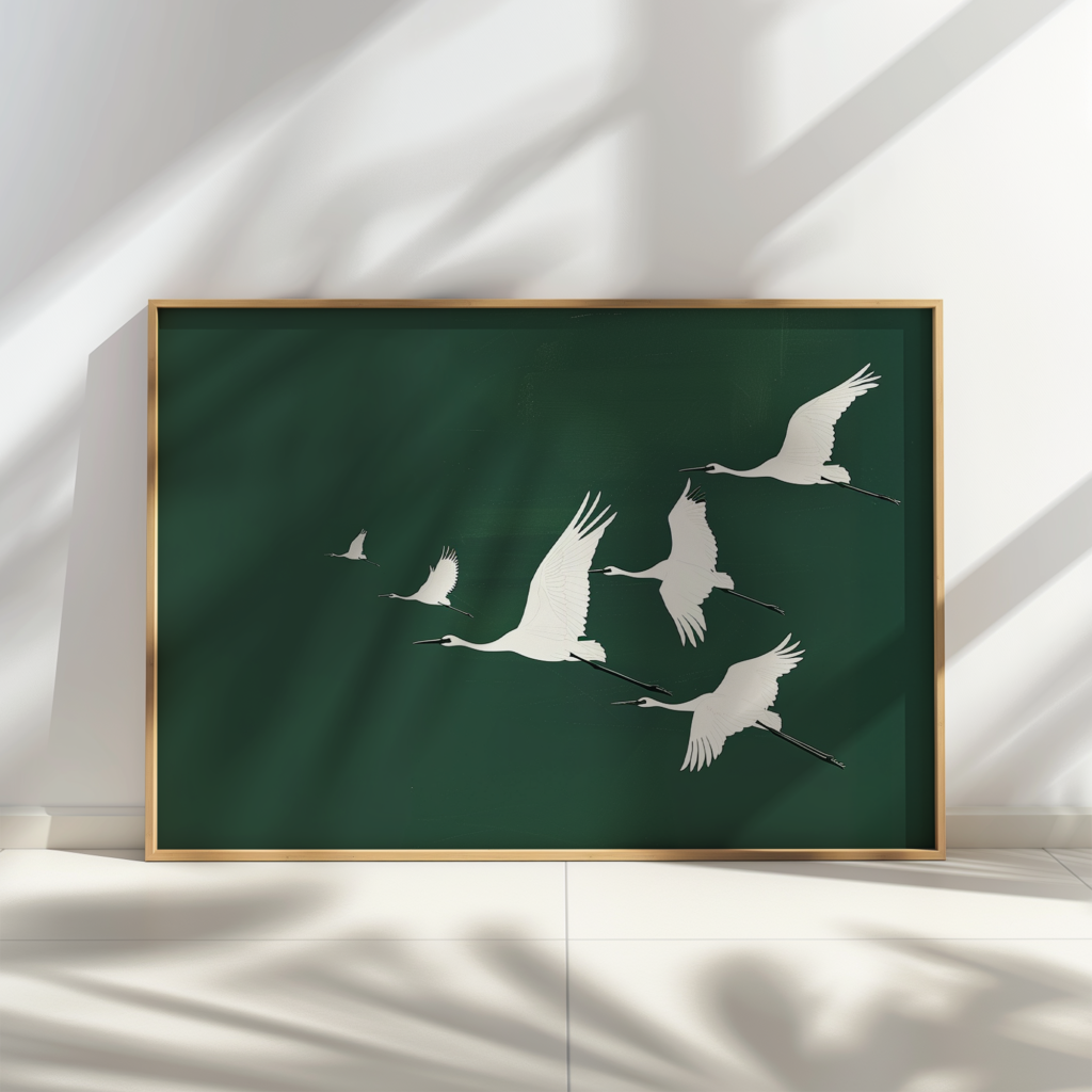 Framed Japandi Wall Art featuring white cranes in flight on a deep green background. Soft shadows cast on the wall create a serene and elegant atmosphere.