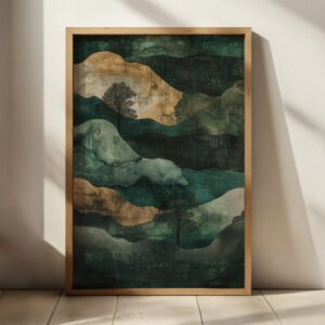 A framed Wabi Sabi Poster featuring layered abstract hills in earthy greens and browns with subtle tree silhouettes. Soft shadows add depth, creating a tranquil and natural ambiance.