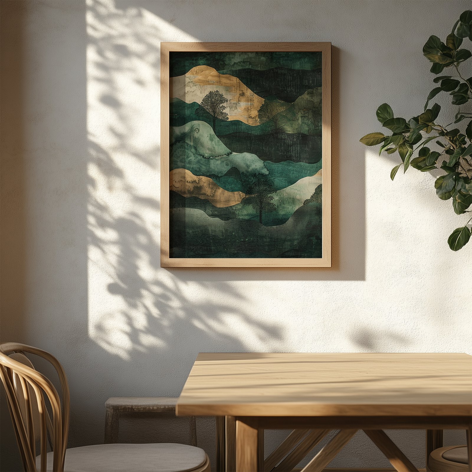 A wood-framed Wabi Sabi Poster with abstract green and beige tones hangs on a sunlit wall. Below, leaf shadows fall across a wooden table and chair, enhancing the natural and calming atmosphere.