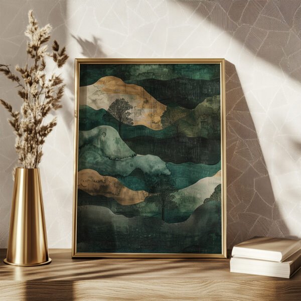 A framed Wabi Sabi Poster featuring abstract landscape art in green, blue, and beige tones sits on a wooden shelf. Nearby, a gold vase with dried grasses and two stacked books enhance the natural and refined aesthetic.