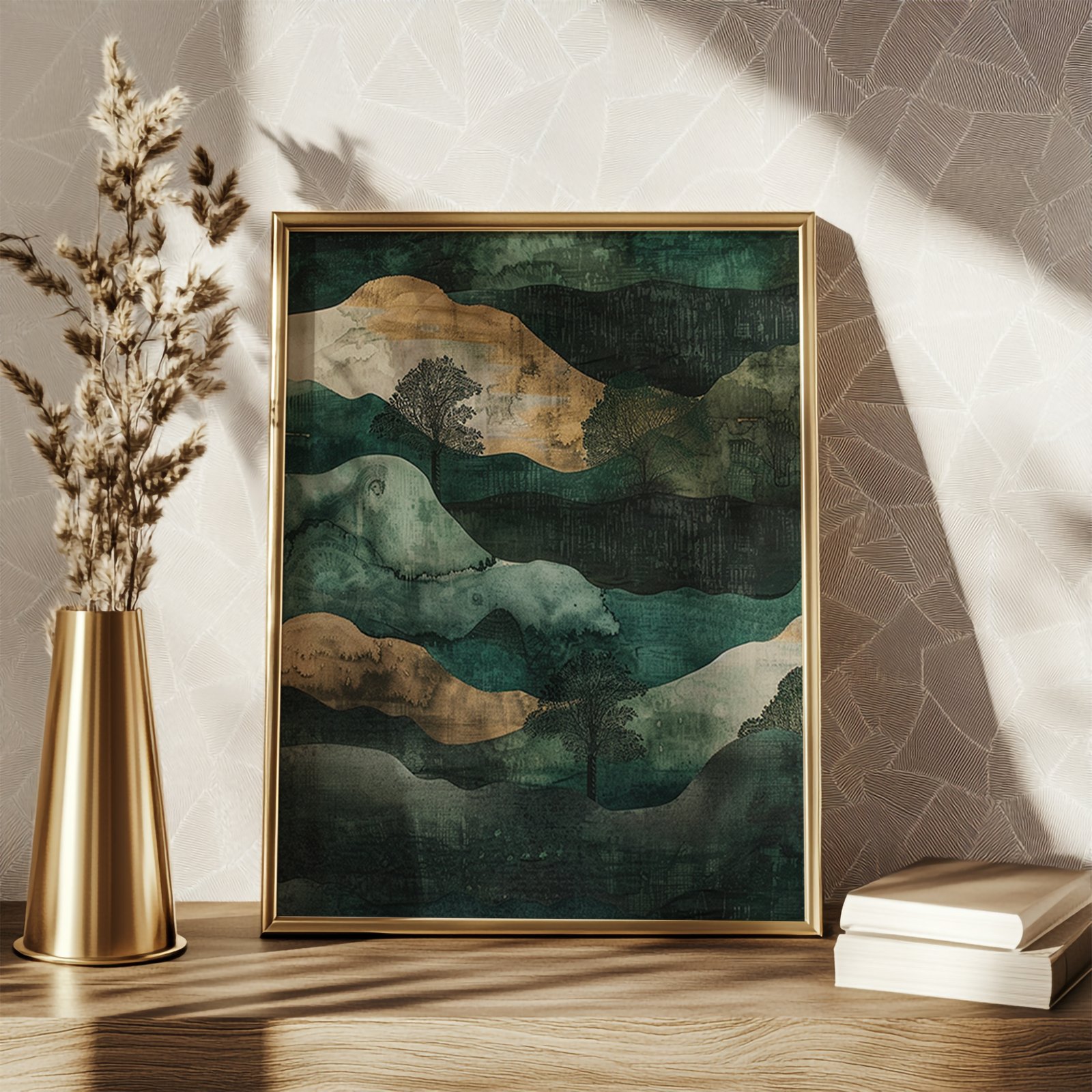 A framed Wabi Sabi Poster featuring abstract landscape art in green, blue, and beige tones sits on a wooden shelf. Nearby, a gold vase with dried grasses and two stacked books enhance the natural and refined aesthetic.