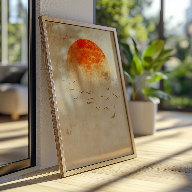 A framed Free Japandi Print leans against a wall on a sunny day. It features an abstract orange sun with birds flying below. A lush green potted plant nearby adds contrast and freshness.