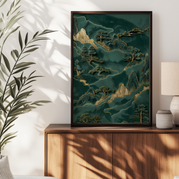Framed Green Japandi Wall Art with rolling green hills and delicate trees, placed on a wooden console. Dappled sunlight and leafy shadows create a calm, nature-inspired setting.