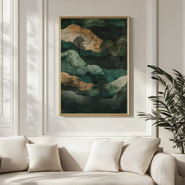 A serene living room featuring a framed Wabi Sabi Poster with layered green and beige hills and tree silhouettes. The gold frame complements the soft light and neutral-toned sofa, enhancing the calming ambiance.