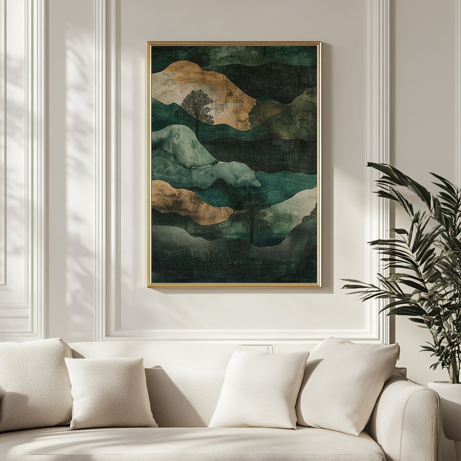A serene living room featuring a framed Wabi Sabi Poster with layered green and beige hills and tree silhouettes. The gold frame complements the soft light and neutral-toned sofa, enhancing the calming ambiance.