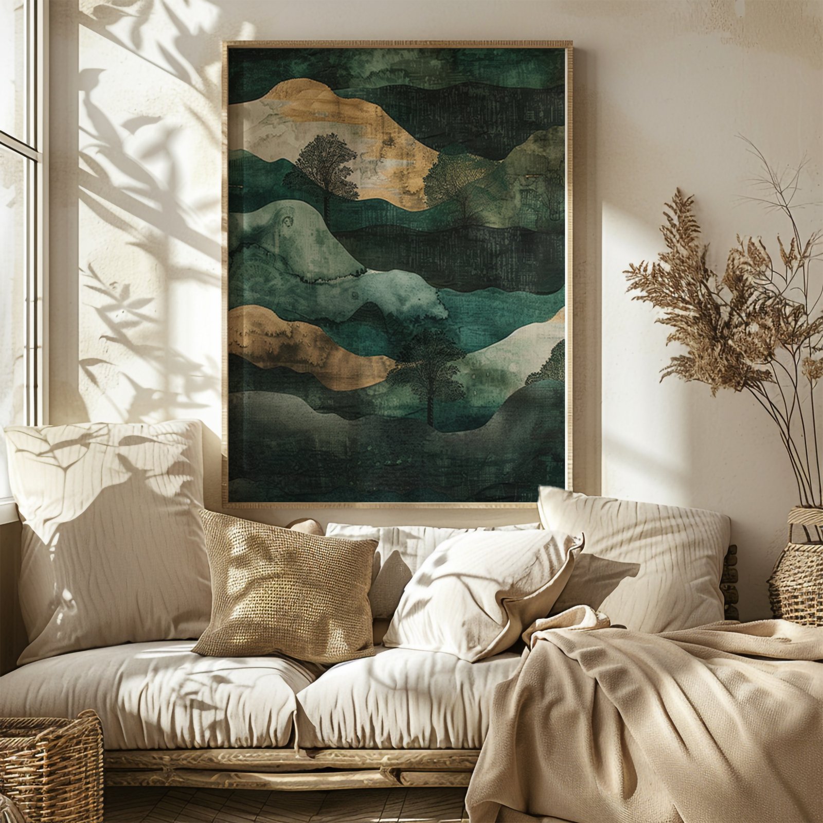 A cozy bedroom featuring a plush bed with neutral-toned pillows and blankets. Above, a Wabi Sabi Poster showcasing a tranquil abstract landscape in green, tan, and blue hues. Soft light highlights dried pampas grass in a vase on a bedside table.