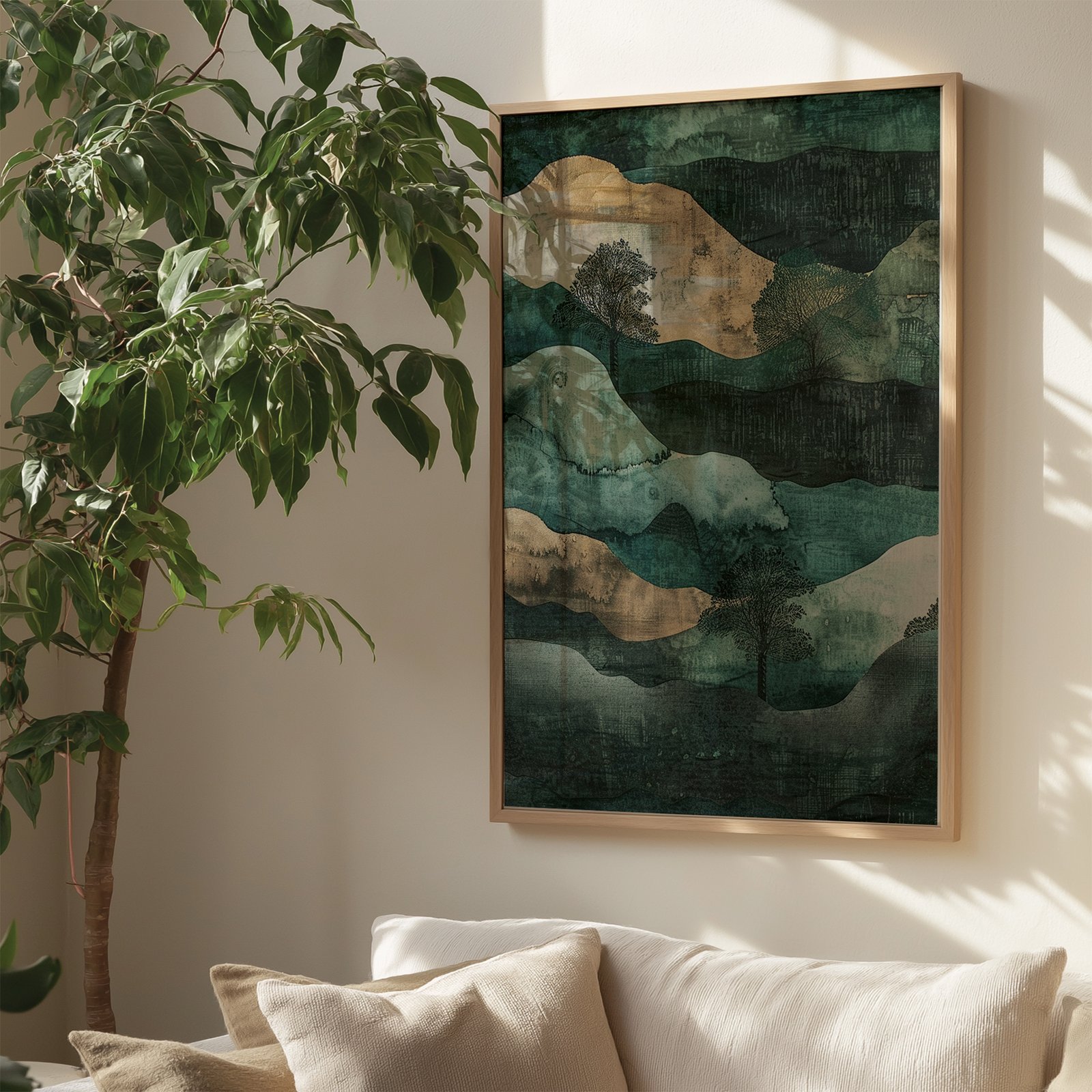 A cozy living room corner featuring a large plant and a Wabi Sabi Poster with an abstract nature-inspired painting. Soft sunlight filters through, casting gentle shadows and creating a tranquil ambiance.