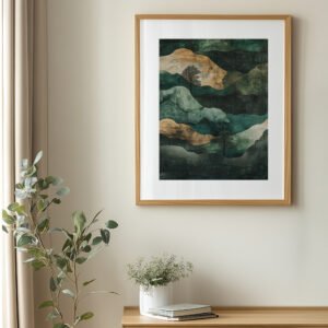 A framed Wabi Sabi Poster of layered green and earthy tones hangs on a cream wall. Below, a wooden table with potted eucalyptus and flowers adds a natural, calming presence.