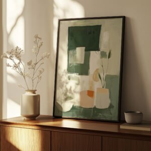 A sunlit room features a Free Abstract Minimalist Art Print on a wooden cabinet. A vase with delicate white flowers sits beside the artwork, creating a serene atmosphere.