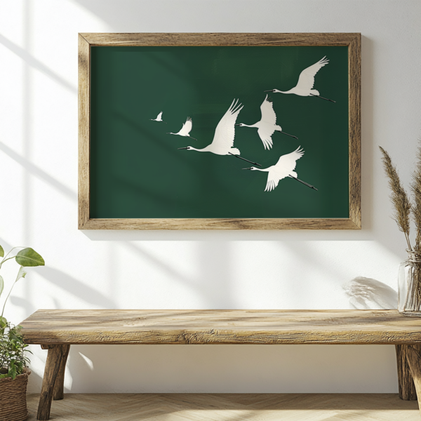 A Framed Japandi Wall Art of white cranes flying against a dark green background hangs on a white wall above a rustic wooden bench. The bright, serene setting embodies minimalist decor.