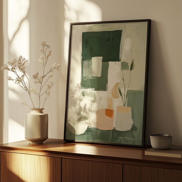A sunlit room features a Free Abstract Minimalist Art Print on a wooden cabinet. A vase with delicate white flowers sits beside the artwork, creating a serene atmosphere.