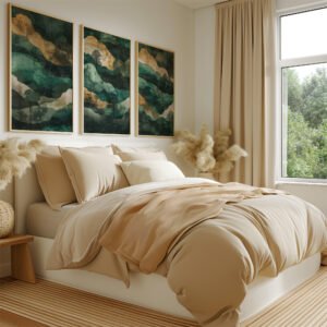 A cozy bedroom with beige bedding, pampas grass, and Wabi Sabi Triptych Wall Art. Natural light filters through a window, highlighting the serene and elegant decor.