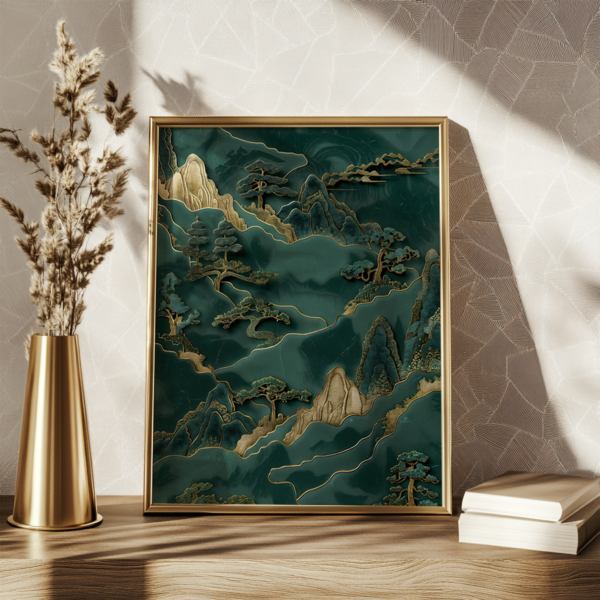 Framed Green Japandi Wall Art featuring an emerald-toned landscape with golden highlights. Displayed on a shelf with dried grasses, books, and soft ambient lighting.