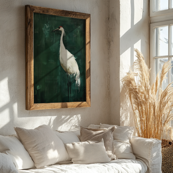 A serene living room bathed in natural light features a framed Japanese Crane Art painting. Below, a beige sofa with soft pillows complements the warm and tranquil atmosphere.