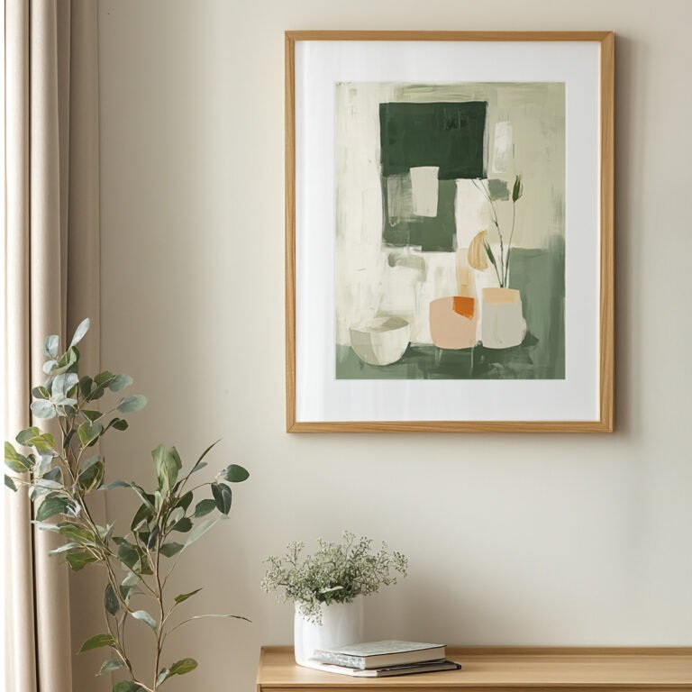 A Free Abstract Minimalist Art Print featuring neutral tones of green and beige is framed on a white wall. Below, a wooden table with a potted plant and books sits beside a leafy plant near a curtain, creating a peaceful setting.