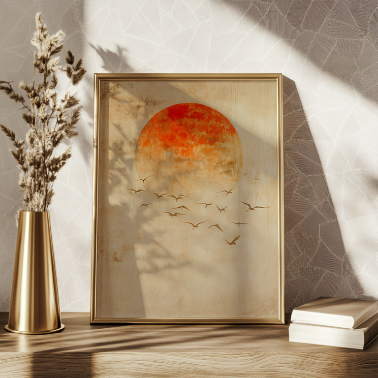 This is a framed Free Japandi Print of a large orange sun with birds flying across it. It is set on a wooden surface with a gold vase and books. Soft shadows cast a calm, warm tone.