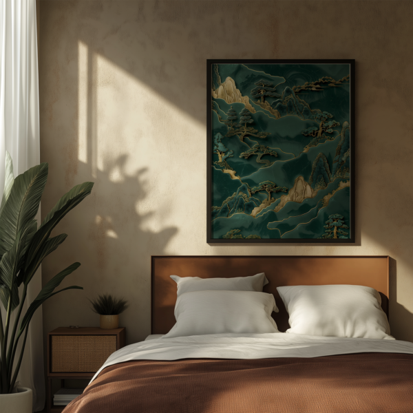A calm bedroom with a green-toned Japandi artwork above a white-and-brown bed. Sunlight and a potted plant complete the tranquil aesthetic.