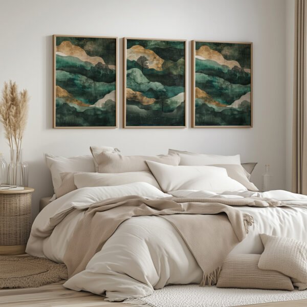 A cozy bedroom in a neutral palette features a bed with cream and beige linens. Above, three framed Wabi Sabi Triptych Wall Art pieces in green and gold tones add an artistic and calming touch. Pampas grass sits on a wicker side table, enhancing the peaceful ambiance.