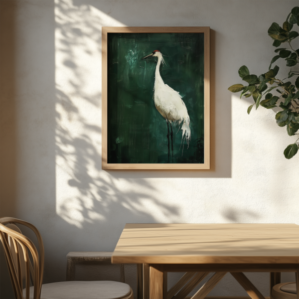 A framed Japanese Crane Art painting of a white crane against a deep green background hangs on a textured wall. Sunlight and plant shadows fall across a wooden table and chair, adding depth and warmth.