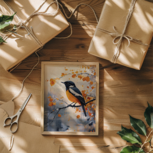 Flat lay of DIY gift-wrapping materials for a printable poster gift, including matte photo paper, a blank picture frame, kraft wrapping paper, scissors, string, and a small gift tag on a light oak table in soft daylight