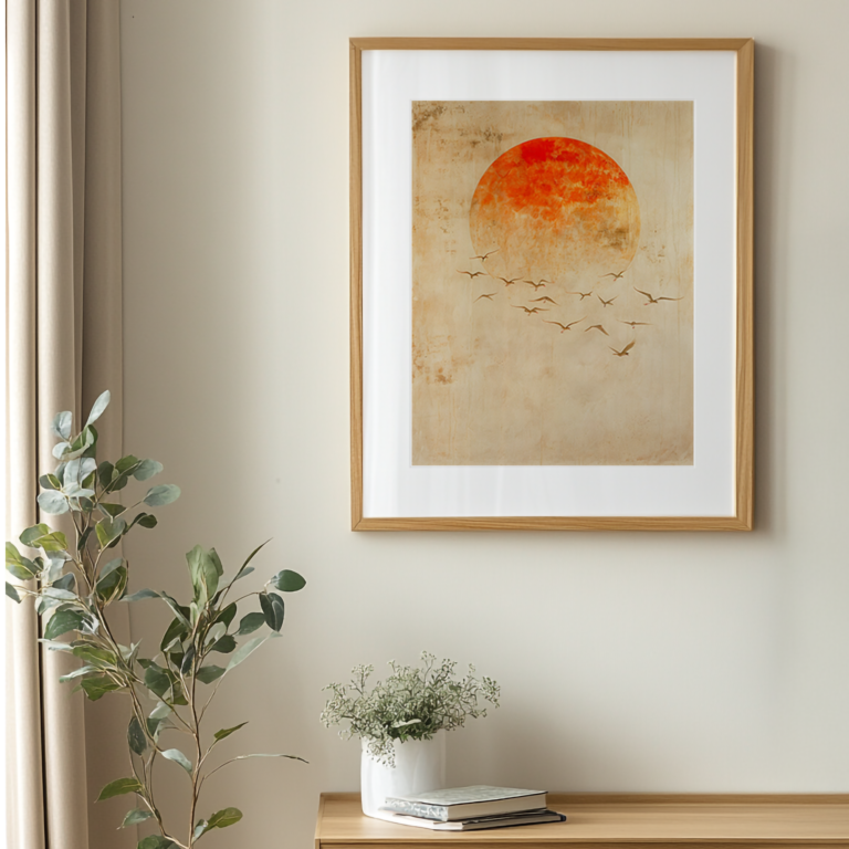 A framed Free Japandi Print of an orange sun with birds flying beneath it, displayed on a beige wall. Nearby, a potted plant and books rest on a wooden surface, creating a serene atmosphere.